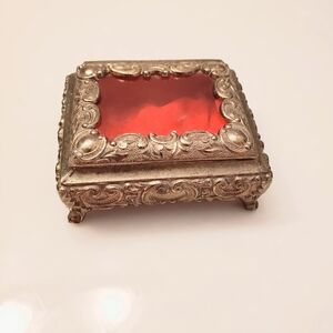 Vintage Japan Antique Brass Tone Jewelry Box With Red Velvet Lining, Glass Lid